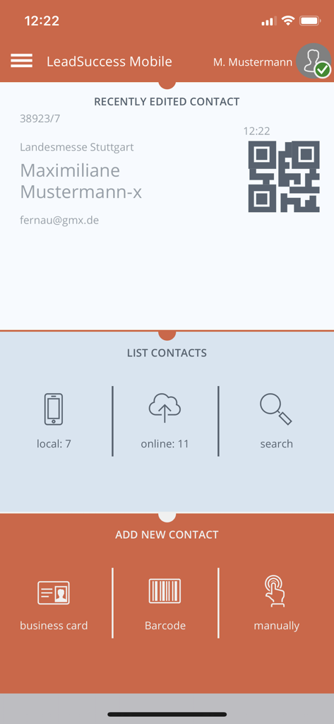 Painel do aplicativo móvel LeadSuccess mostrando gerenciamento de contatos e opções de captura de leads