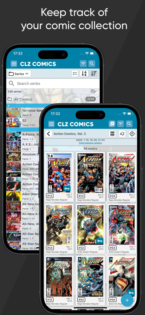 CLZ Comics collection database - Two mobile screens displaying the CLZ Comics collection database with comic covers and series listings