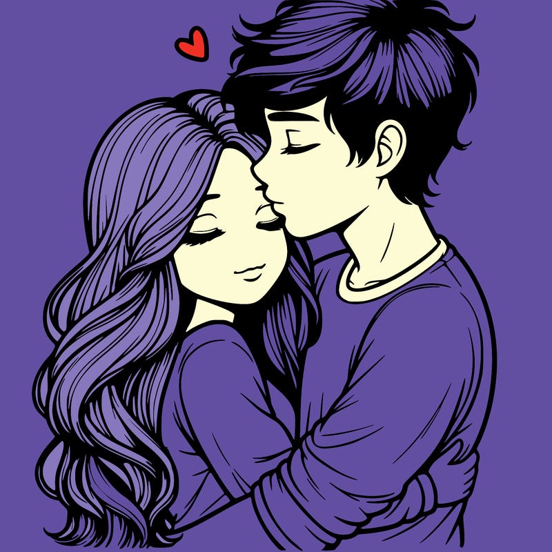 a realistic couple boy and girl hugging and kissing