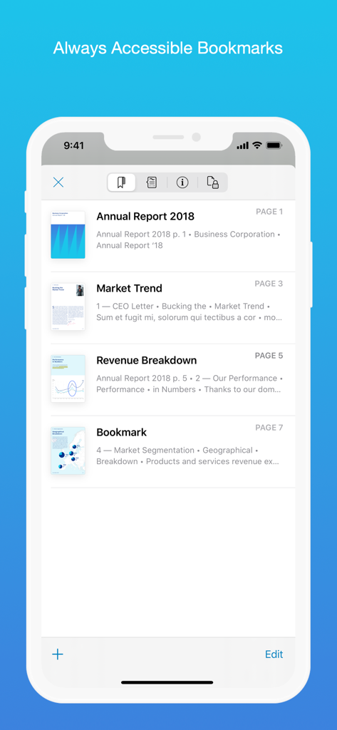 PDF Viewer by Nutrient - iPhone showing the bookmarks list in PDF Viewer app
