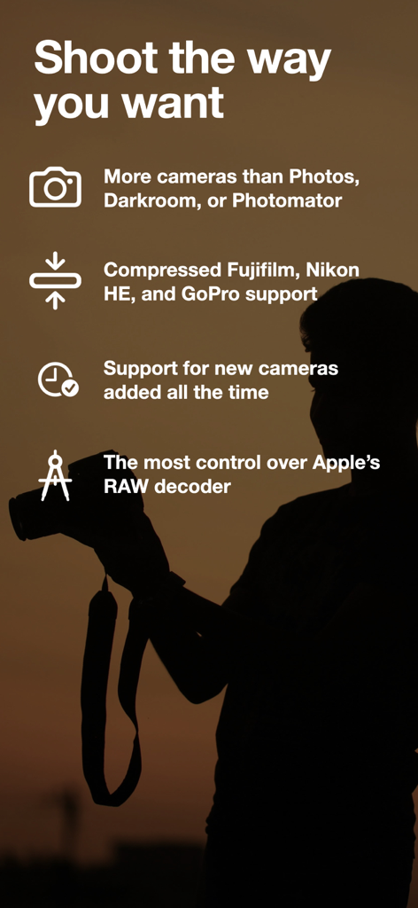 Nitro Photo app screen highlighting support for professional camera formats including Fujifilm and Nikon RAW