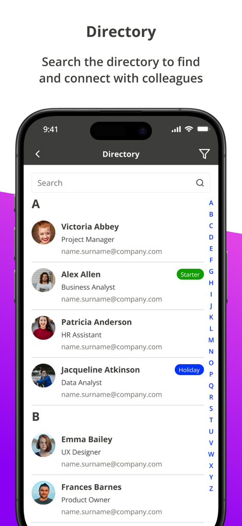 Captura de tela do diretório do aplicativo Staffology HR mobile mostrando uma lista de funcionários com seus cargos e informações de contato.