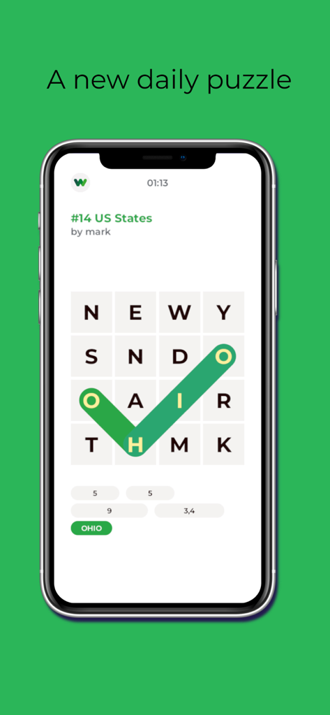 Word Salad: a daily puzzle - Interfaz del puzle diario de Word Salad mostrando una cuadrícula de letras con la palabra Ohio seleccionada