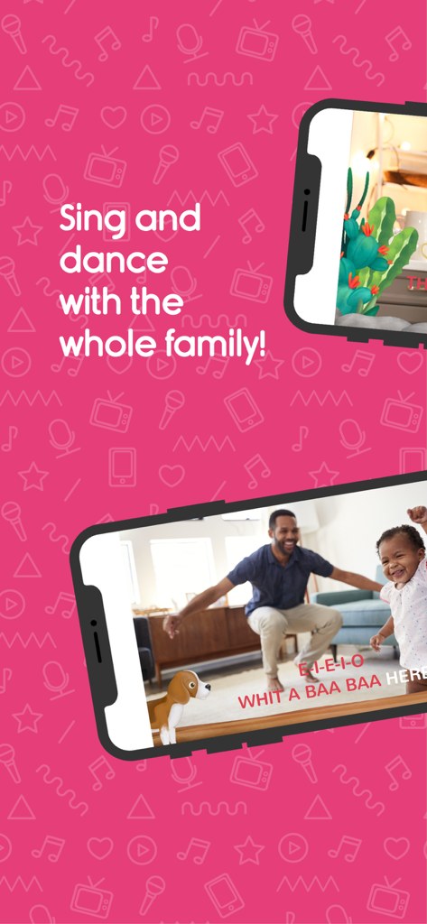 A father and child singing and dancing to a nursery rhyme on the Happyla.la mobile app