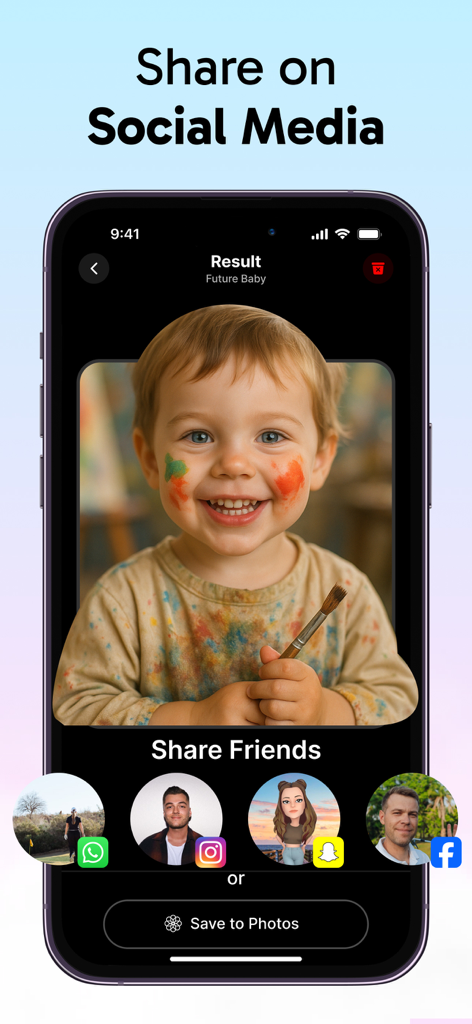 Mobile app screen showing options to share an AI generated baby photo on social media