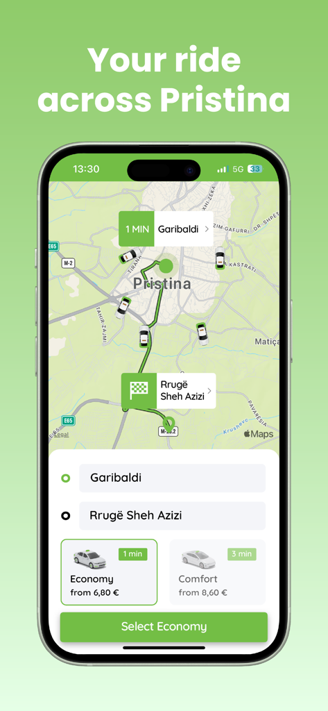 Tesla Taxi Kosova - Tesla Taxi Kosova mobile app interface displaying a map of Pristina and ride booking options