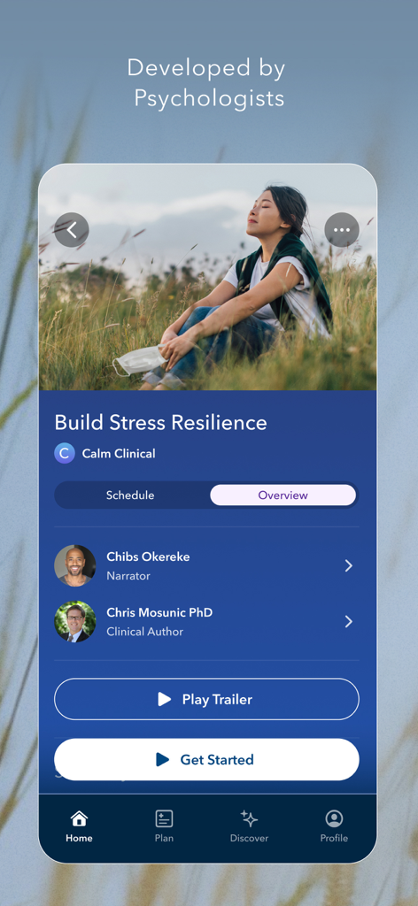 Interface do aplicativo Calm Health mostrando o programa 'Construir Resiliência ao Estresse' com informações do autor clínico e narrador.