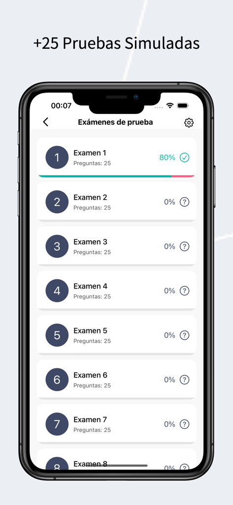 CCSE Exame Nacionalidad España - Interface d'une application mobile affichant une liste d'examens blancs pour le test de nationalité espagnole CCSE avec suivi des progrès.