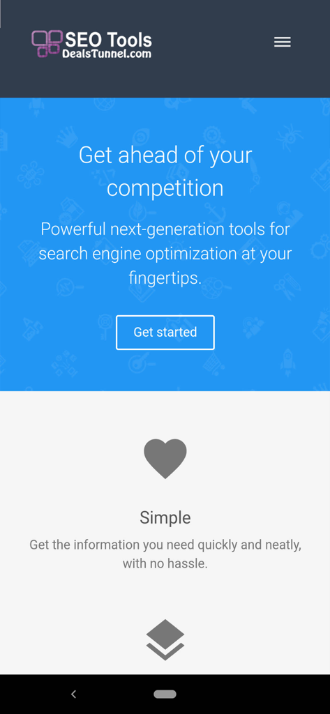 SEO Tools- Rank Quickly - Écran d'accueil de l'application mobile Outils SEO avec un bouton de démarrage et une interface simple