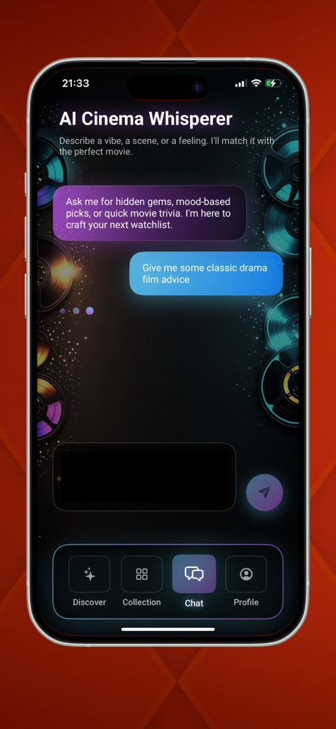 Cinе Snаp - Interfaccia di chat dell'assistente AI per film dell'app Cine Snap per raccomandazioni di film personalizzate
