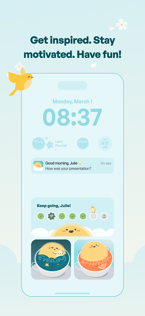 Flourish: 24/7 Wellness Buddy - Flourishアプリのインターフェース、毎日のモチベーション、AIウェルネスバディSunnieの通知を表示する携帯電話画面