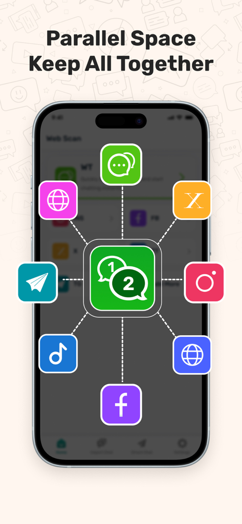 Whats Web - Dual App Messenger - Whats Web app screen showing the parallel space feature connecting multiple social media accounts like WhatsApp Facebook and Instagram