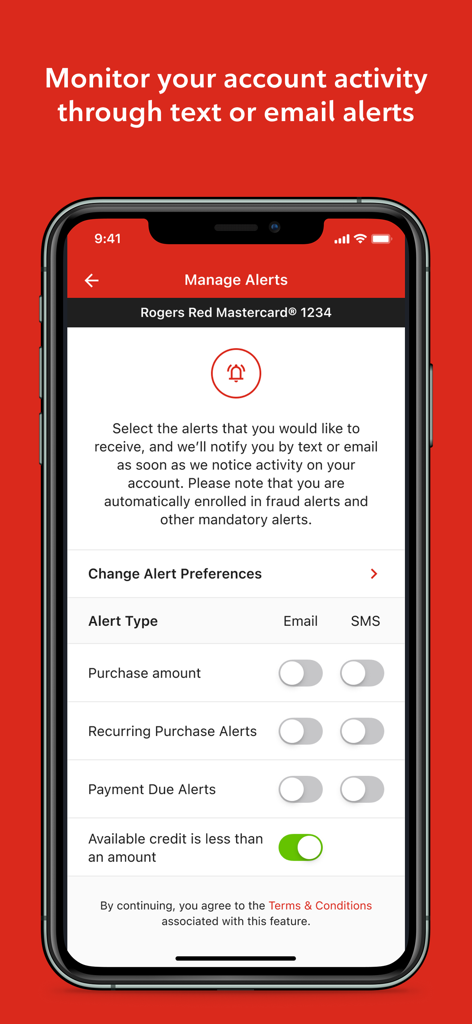Tela de gerenciamento de alertas do aplicativo Rogers Bank para atividade de cartão de crédito