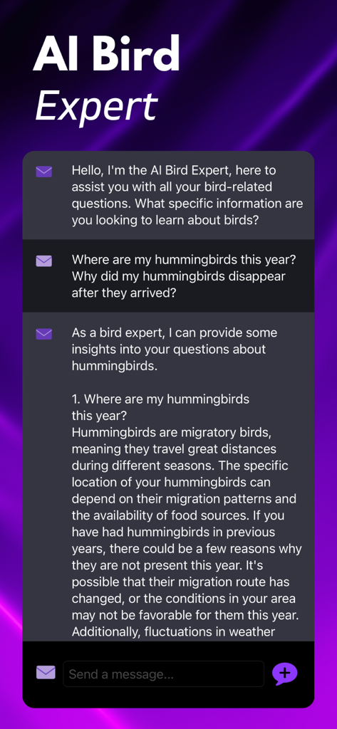 Función de chat del Experto en Aves IA en la aplicación Bird ID que proporciona información sobre la migración de colibríes