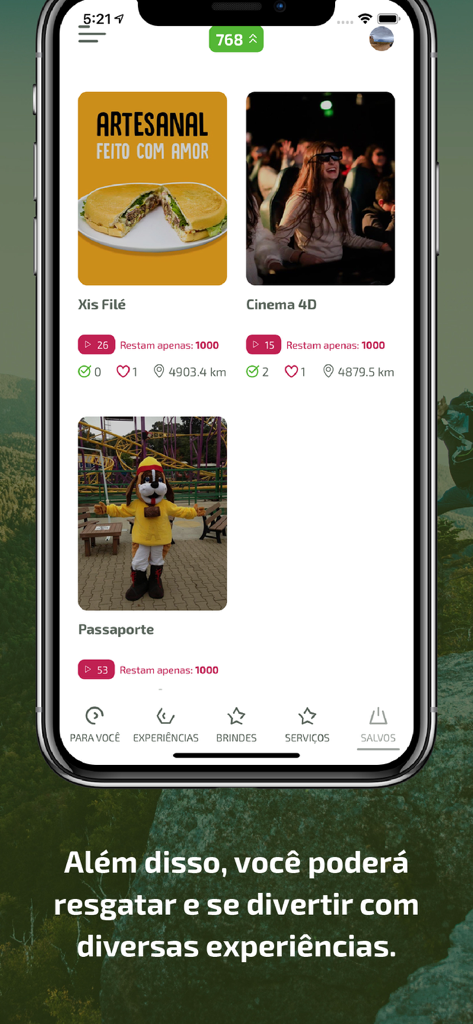 Juntos – Programa Fidelidade - Interfaz de la aplicación móvil que muestra opciones de recompensa para experiencias gastronómicas y de entretenimiento.
