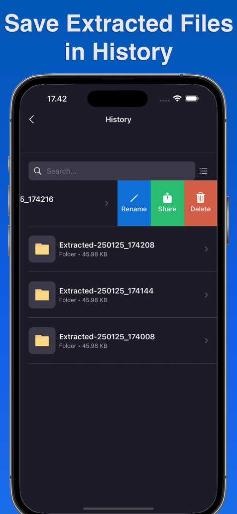 RAR Extractor・Unrar・Unarchiver - Tela do smartphone mostrando o histórico de arquivos RAR extraídos com opções para renomear, compartilhar e excluir.