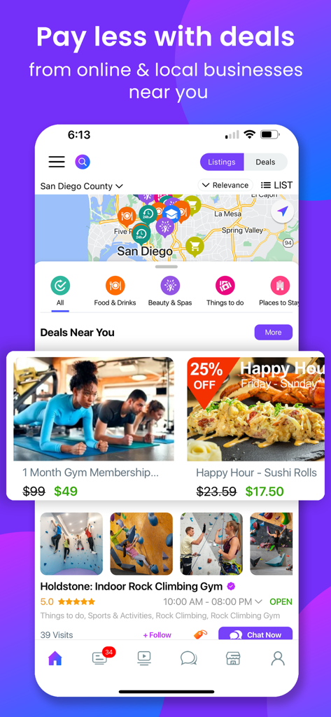 Netbinc: Social, Videos, Chat - Netbinc app interface showing local business deals on a map with gym and restaurant discounts