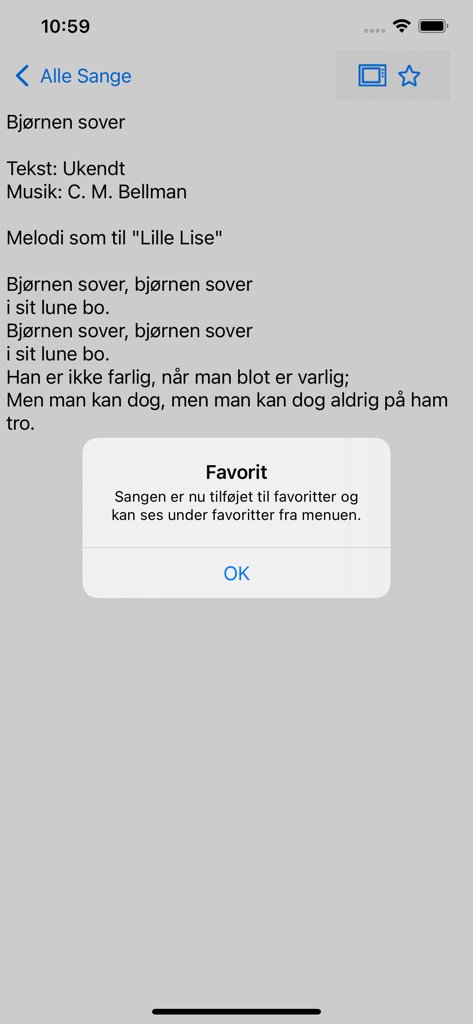 Sangbogen - A screen from the Sangbogen app displaying Danish song lyrics and a confirmation message for adding a song to favorites