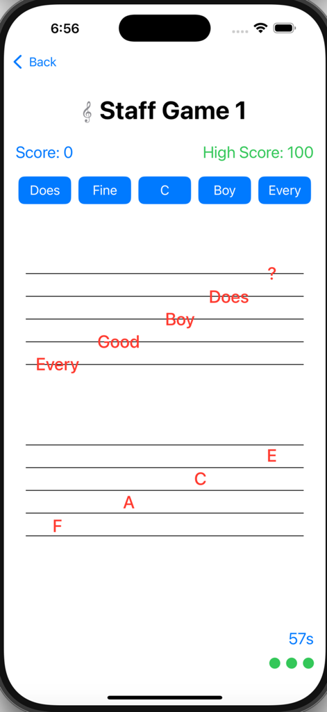 Piano Play - the easy way - Tela de jogo educacional no aplicativo Piano Play para aprender notas musicais na pauta.