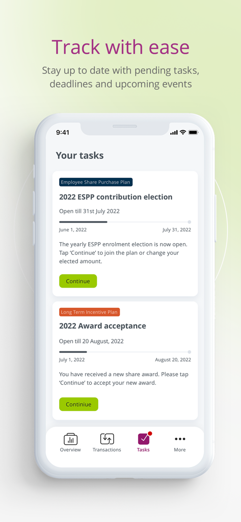 EquateMobile - EquateMobile app dashboard showing pending tasks for ESPP contribution election and incentive plan award acceptance.