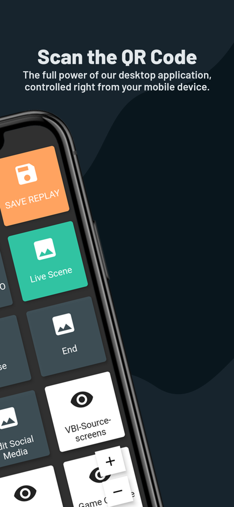 Streamlabs Controller 앱이 다양한 스트리밍 제어 버튼과 함께 표시되는 스마트폰 화면으로 라이브 방송 관리에 사용됩니다.