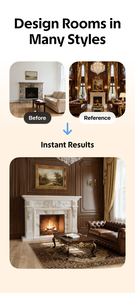 AI Decor - AI Home Design - Before and after room redesign using AI style transfer from a reference image