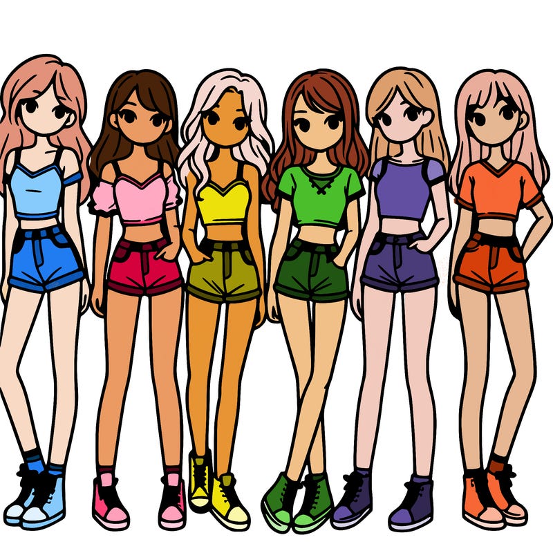 a group of girls wearing crop tops and shorts