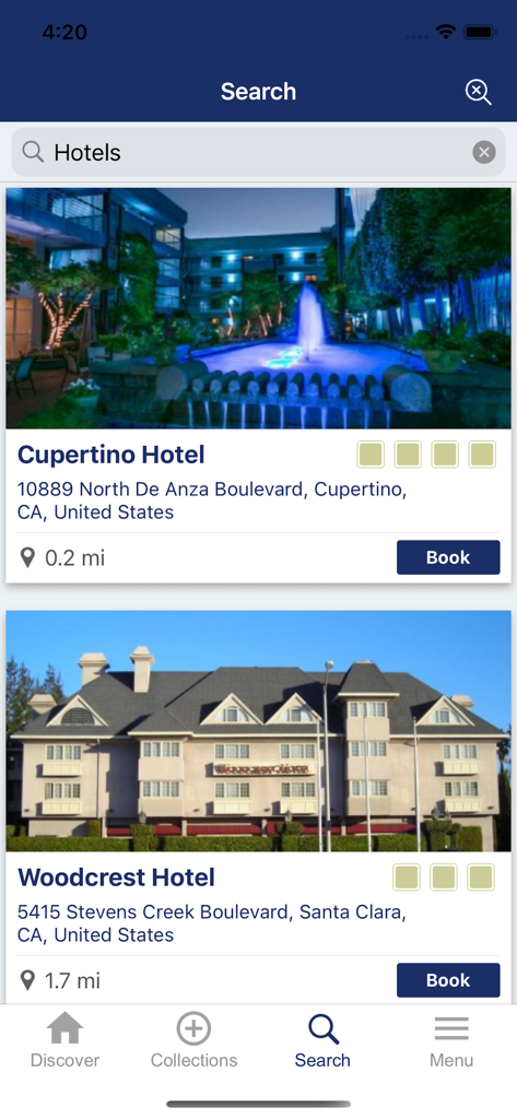 Cityseeker app interface showing hotel search results for Cupertino Hotel and Woodcrest Hotel with booking buttons and distance information.