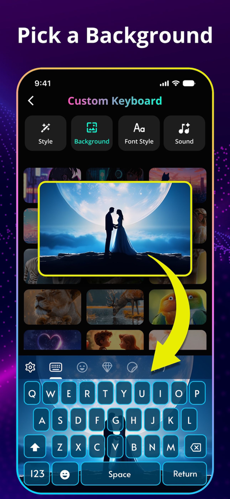 LED Keyboard - Fonts & Themes - Mobile app screen showing the option to pick a custom background for a neon LED keyboard.
