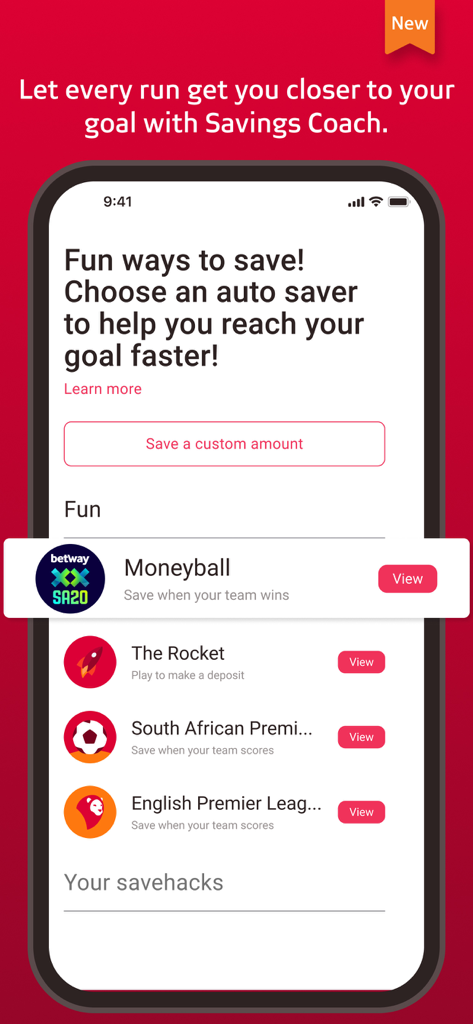 Absa Banking app screen showing the Savings Coach with gamified auto saver options.