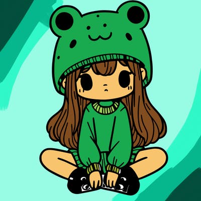 a girl wearing a frog hat and some frog socks