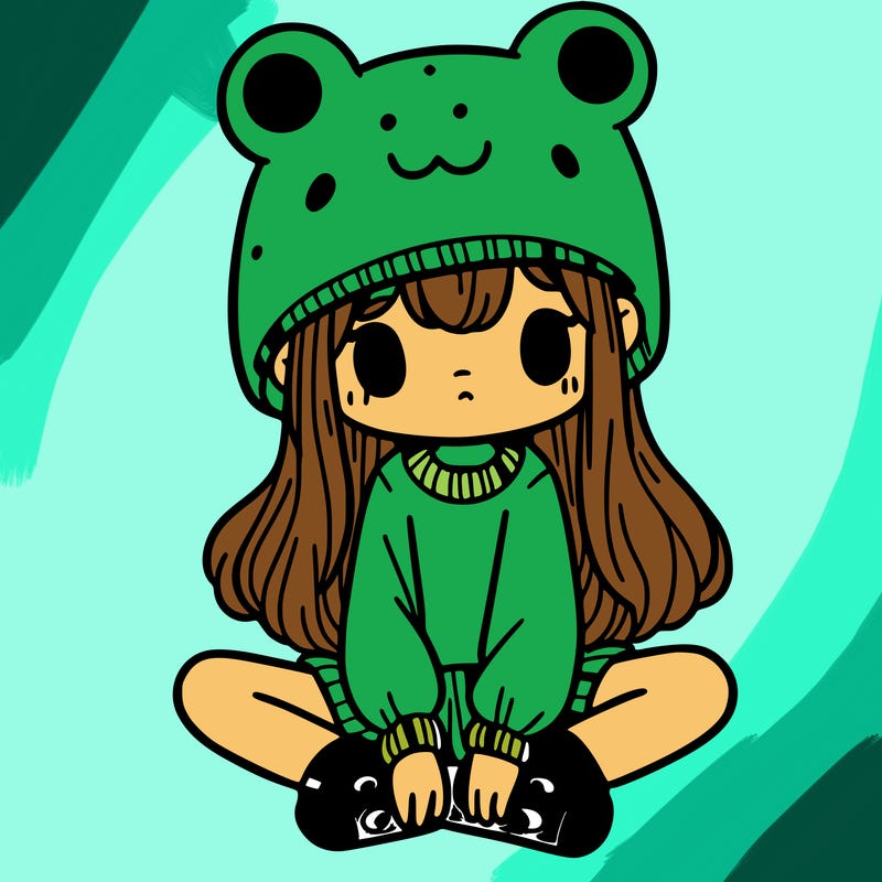 a girl wearing a frog hat and some frog socks