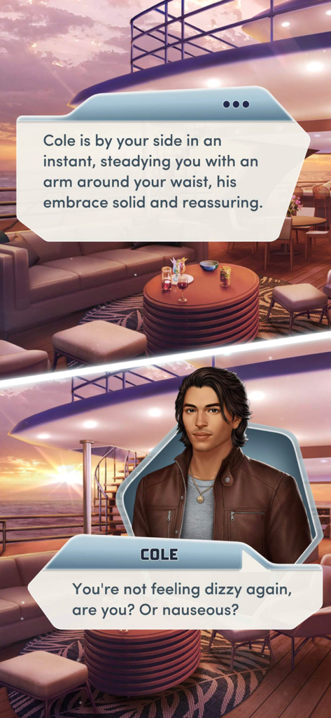 A romantic dialogue scene with character Cole on a luxury yacht in the Choices app