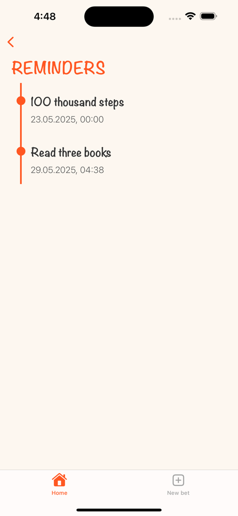 Dispute Diary - Vista de línea de tiempo de la pantalla de Recordatorios en la aplicación Diario de Disputas mostrando fechas de apuestas y tareas