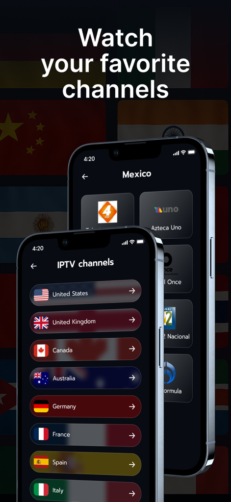 Smartphone-Bildschirm, der eine Liste internationaler IPTV-Kanäle zur Spiegelung anzeigt
