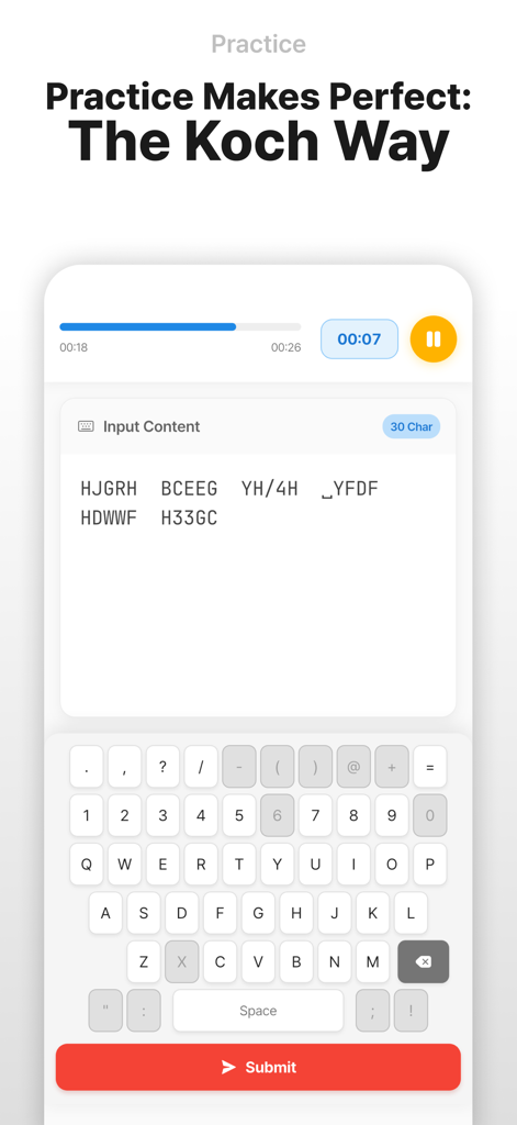 DS1UOV's Morse Trainer w/ Koch - Interface de prática do aplicativo treinador de código Morse mostrando caracteres para digitar e um teclado de entrada personalizado.