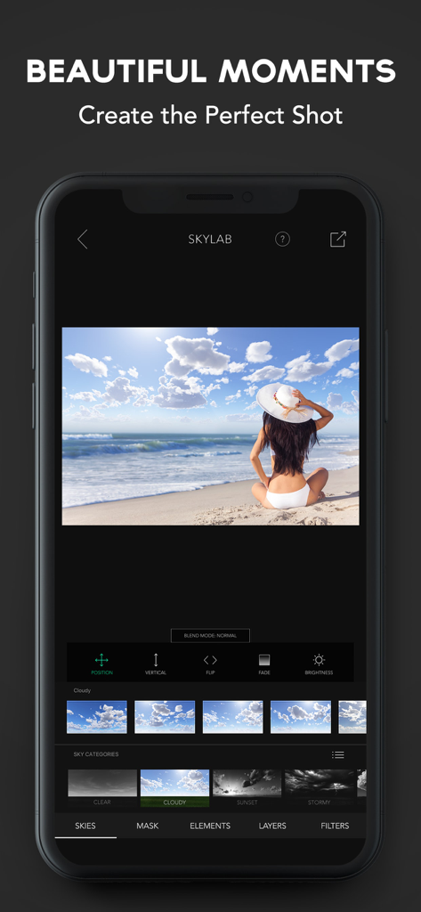 Interface of SkyLab Photo Editor showing sky replacement tools for a beach photo