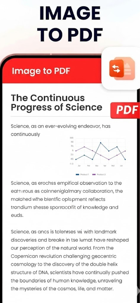 Pantalla de aplicación móvil mostrando la conversión de una imagen de documento científico a un archivo PDF