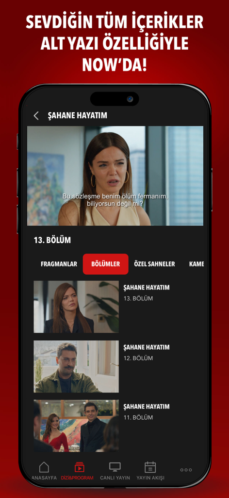 Interface of the NOW Türkiye app showing a Turkish series with subtitles