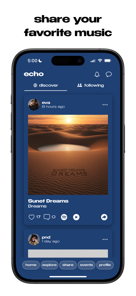 echo: share music - A mobile interface for the Echo app showing a social feed with a music discovery post.