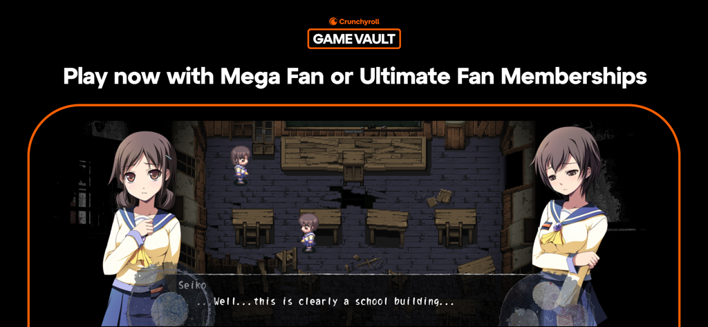 Crunchyroll: Corpse Party - Crunchyroll Game Vault promo for Corpse Party featuring anime characters and pixel art gameplay