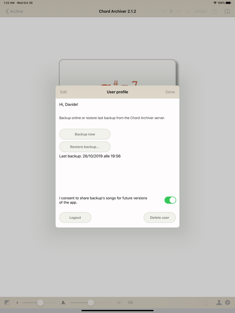 Chord Archiver - A user profile interface on the Chord Archiver iPad app featuring backup and restore options.