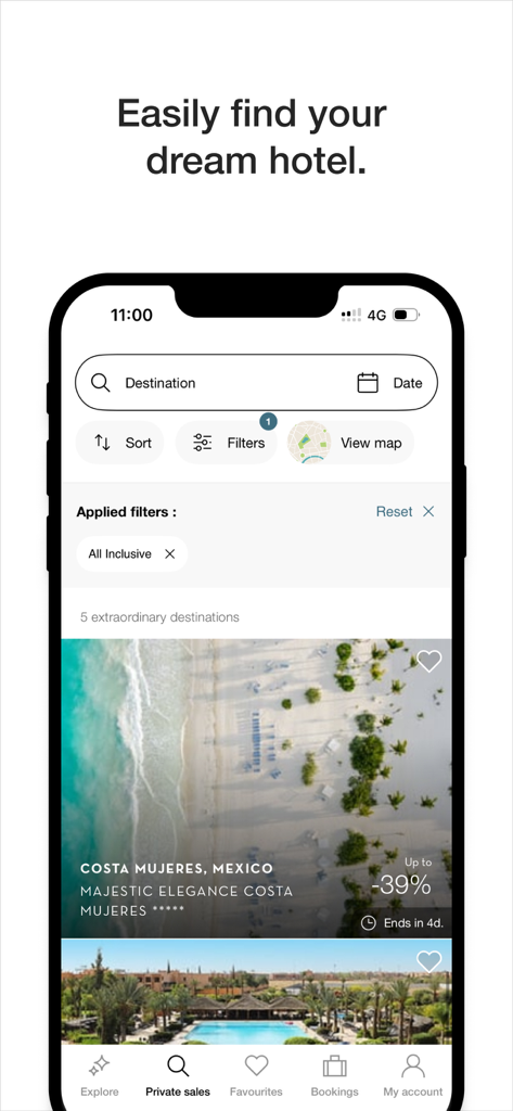 VeryChic: Book Hotel & Flight - Mobile app interface for VeryChic showing luxury hotel listings and search filters