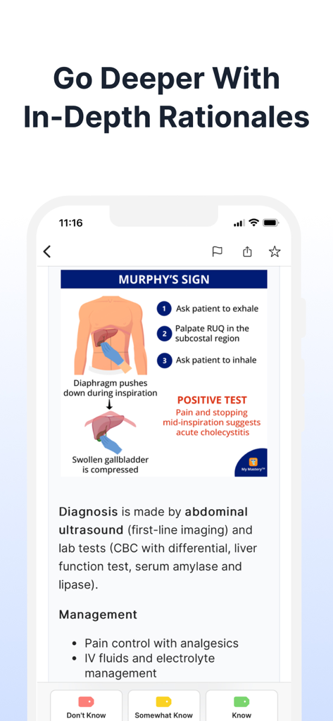 FNP Exam Mastery | Prep 2026 - FNP Exam Mastery mobile app screen showing detailed clinical rationales and a diagram of Murphy's Sign for exam preparation
