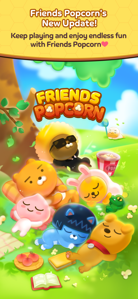 프렌즈팝콘에서 나무 아래 푸른 잔디 위에서 낮잠을 자고 있는 여러 명의 귀여운 카카오프렌즈 캐릭터들.