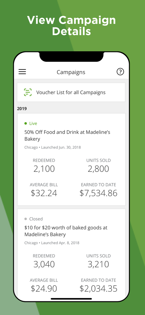 Groupon Merchant - Groupon Merchant app interface showing campaign performance metrics including redeemed vouchers and total earnings for a business.