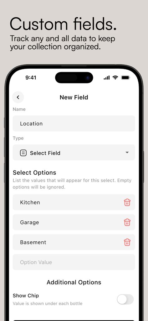 OnlyDrams app interface for creating custom fields to organize spirits collections by location.