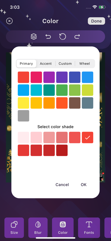 Poster Maker | Flyer Creator - Mobile app interface showing the color selection tool with primary color swatches and shade options for design customization.