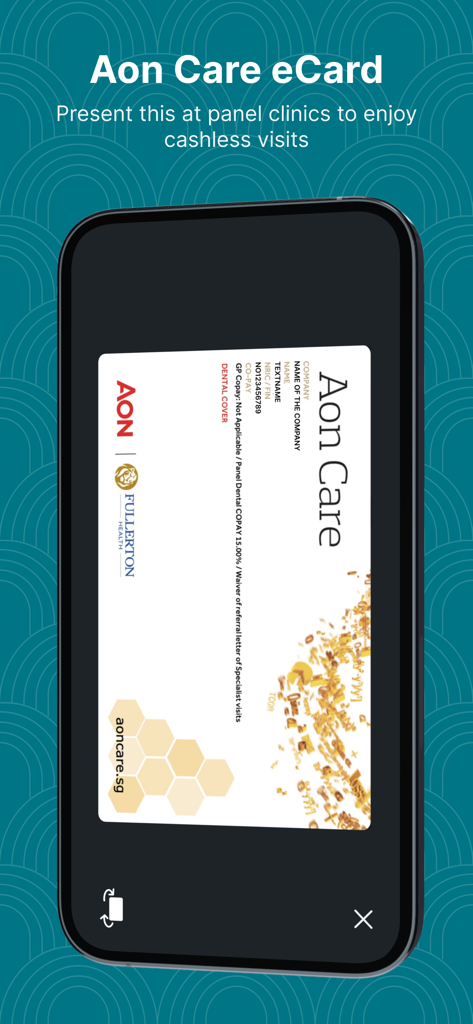 Digital medical insurance card displayed in the Aon Care plus mobile application.