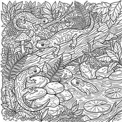 Embark on an artistic journey with this captivating Fire Salamander coloring page, perfect for teens seeking an intricate challenge. Explore a vibrant natural habitat teeming with detailed flora and fauna, ready for your creative touch.